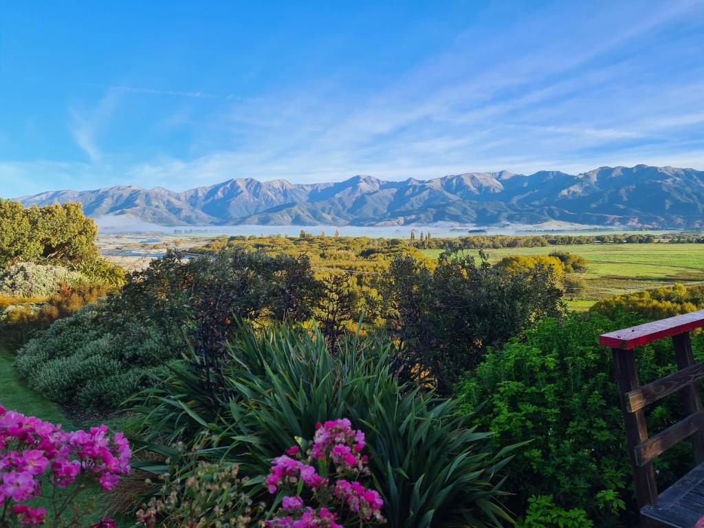 a view of the mountains from a garden with flowers at Riverview Lodge in Hanmer Springs