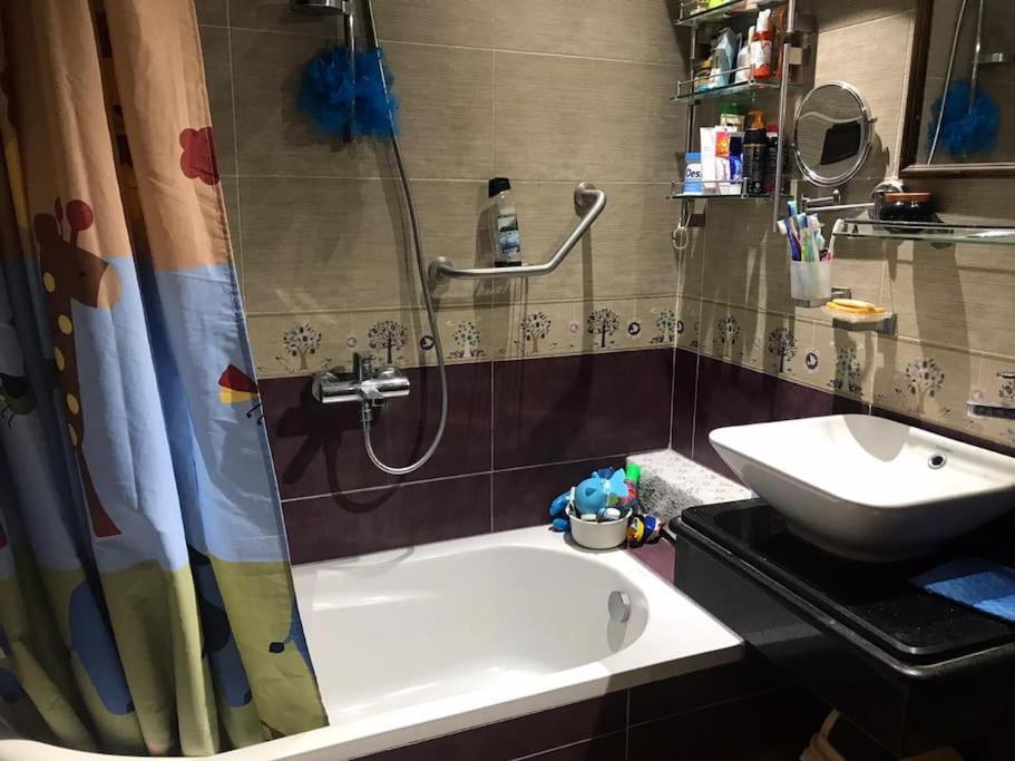 uma casa de banho com um chuveiro, um lavatório e uma banheira em Family Friendly Appartement-Giza no Cairo