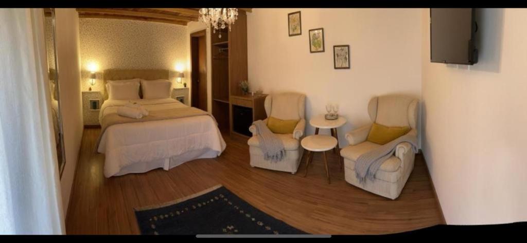 - une chambre avec un lit, deux chaises et une table dans l'établissement Pousada Dulce Ville, à Domingos Martins