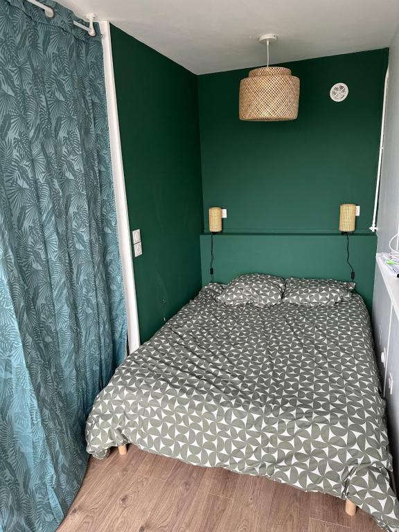 um quarto com uma cama com uma parede verde em Studio cosy em Le Mée-sur-Seine