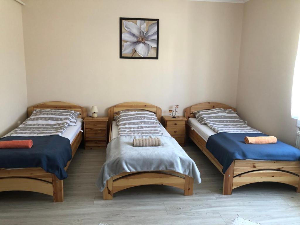 2 camas individuales en una habitación con una foto en la pared en Tüskevár Vendégház, en Kaposvár