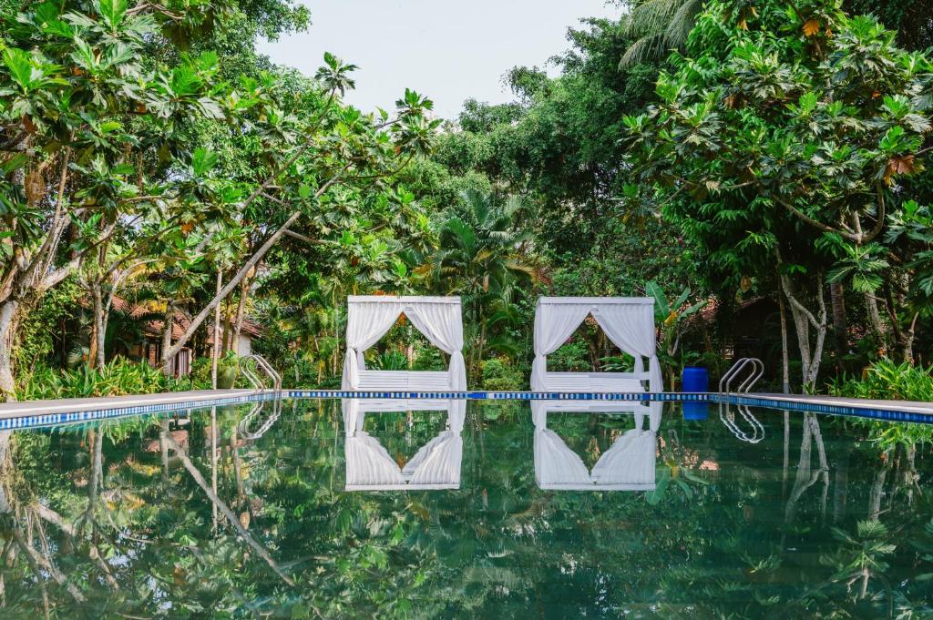 een zwembad in het resort met bomen op de achtergrond bij An Nhien Retreat in Phu Quoc