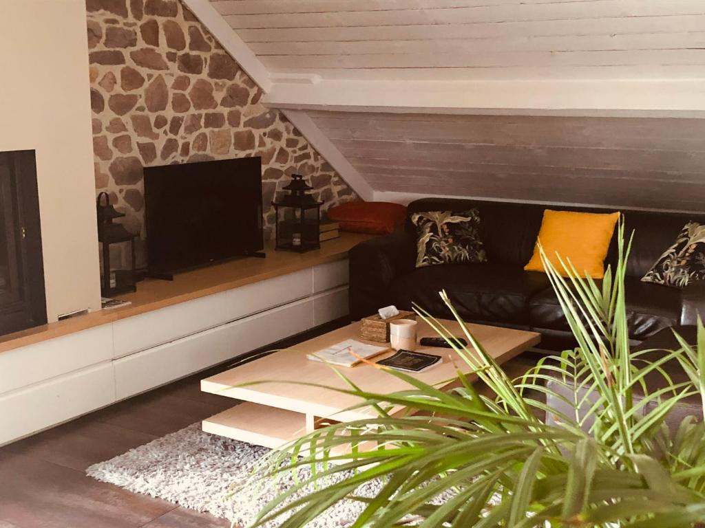 ein Wohnzimmer mit einem Sofa und einem TV in der Unterkunft grange enchantée in Profondeville