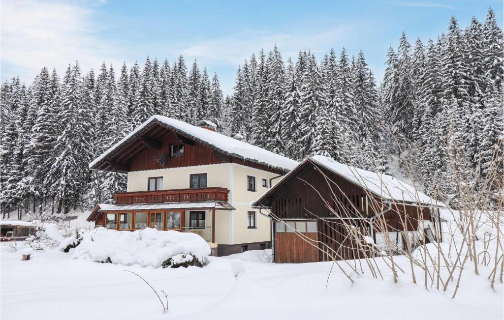 a house in the snow with snow covered trees at 6 Bedroom Cozy stacaravan In Gosau in Gosau