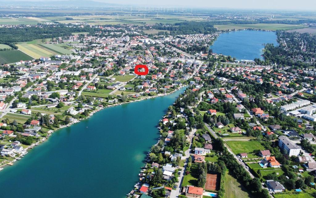 an aerial view of a city with a red stop sign at HAuszeit - Zeit für dich - Zeit am See in Neufeld an der Leitha
