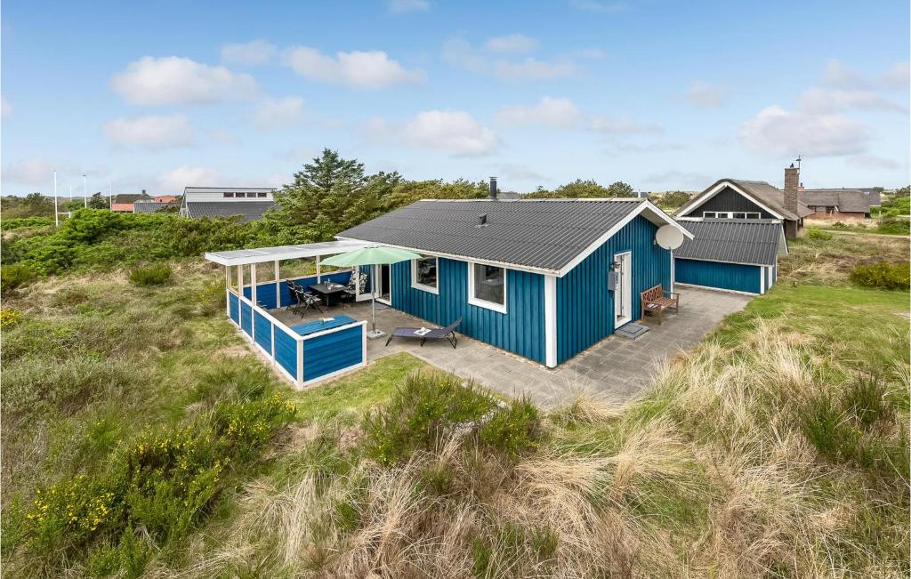 a blue house in a field of grass at Holiday Home Fyrmarken Hvide Sande in Nørre Lyngvig