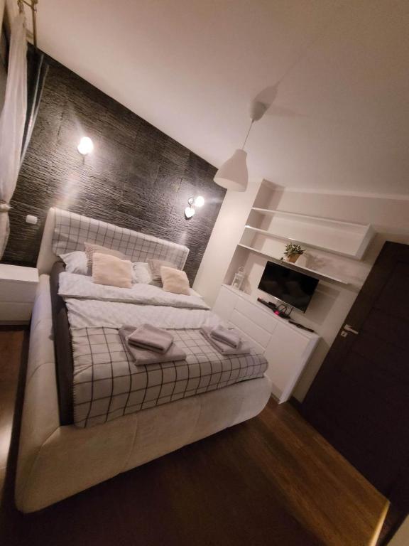 een kleine slaapkamer met een bed en een televisie bij Bolszewo Parkowa in Bolszewo