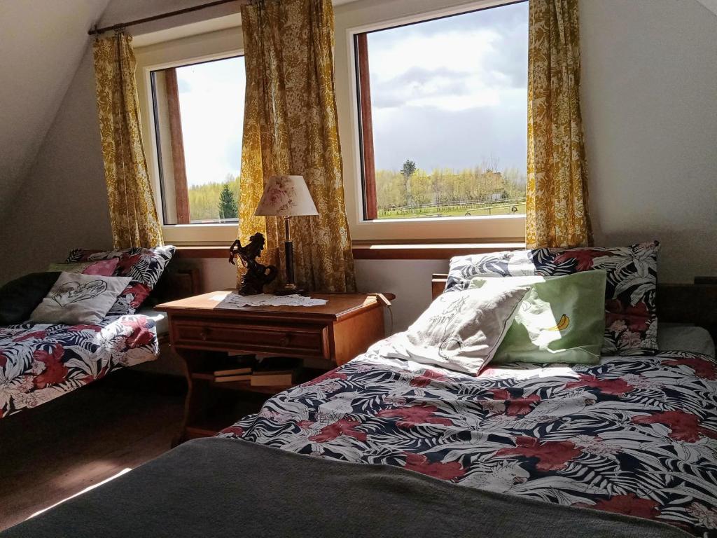 een slaapkamer met een bed, een tafel en 2 ramen bij Ranczo Ignacowo in Studzienno