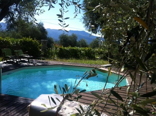 een zwembad in een tuin met een berg op de achtergrond bij maison de vacances avec piscine in Berre-des-Alpes