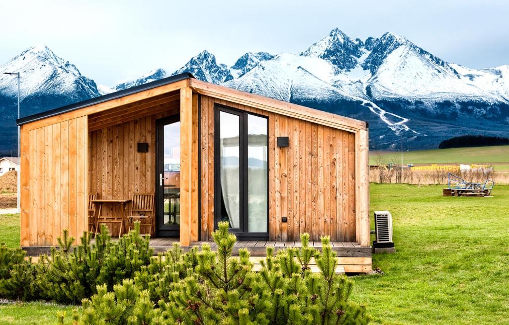 a wooden cabin in a field with mountains in the background at Alpine House, NATUR RESORT in Kežmarok