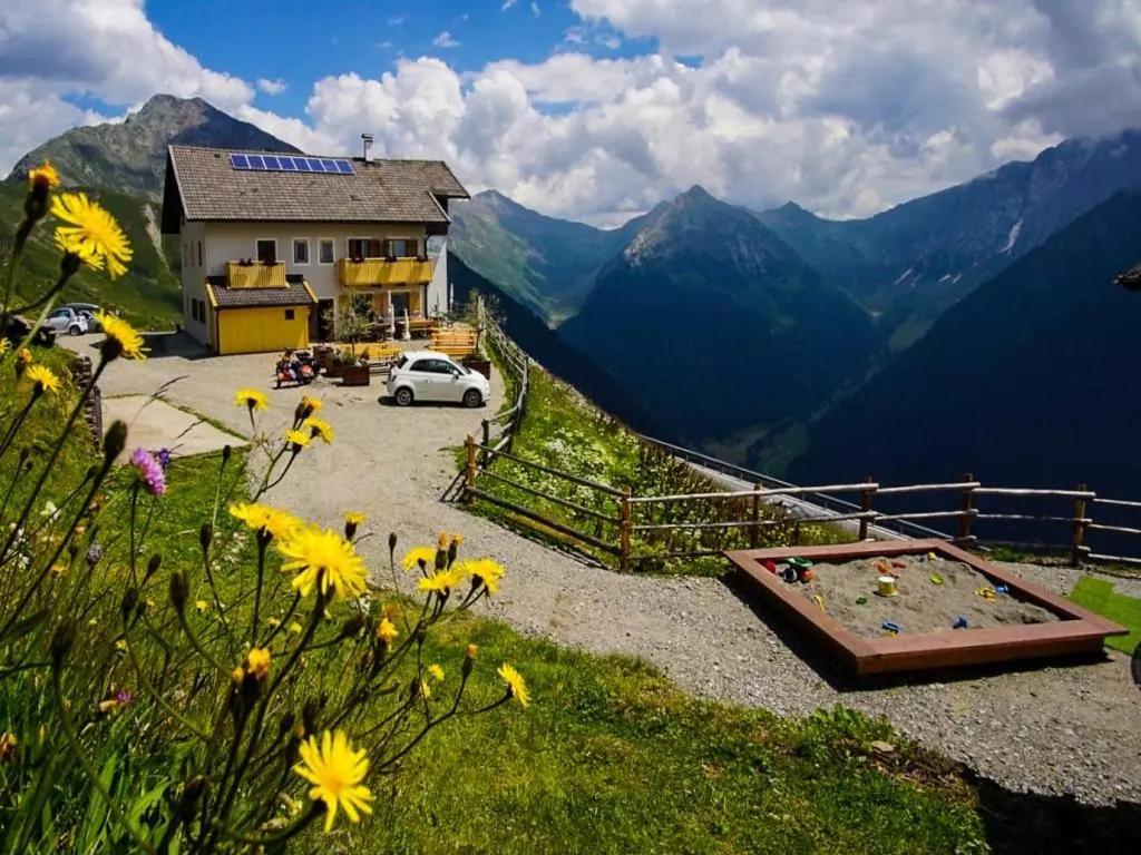 a house on the side of a mountain with flowers at Enzianhuette Jaufenpass in San Leonardo