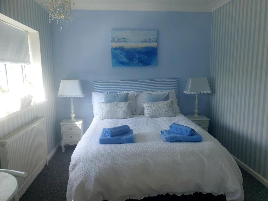 a blue bedroom with a bed with two blue pillows at HOME from HOME GUEST HOUSE in Rochford