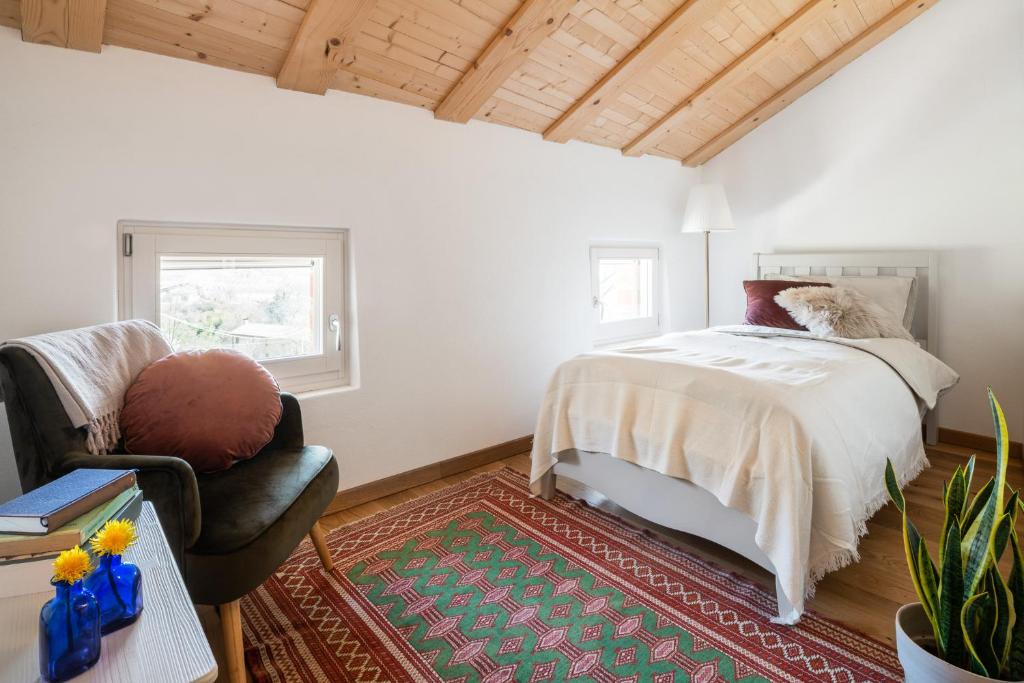 1 dormitorio con 1 cama y 1 silla en Agriturismo Podere del Bosc, en Valmareno