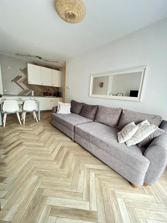 a living room with a gray couch and a kitchen at Apartament Śnieżny in Karpacz