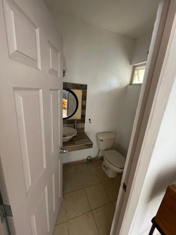 a bathroom with a toilet and a mirror at Casa en Condominio privado en renta por temporada de feria in Aguascalientes