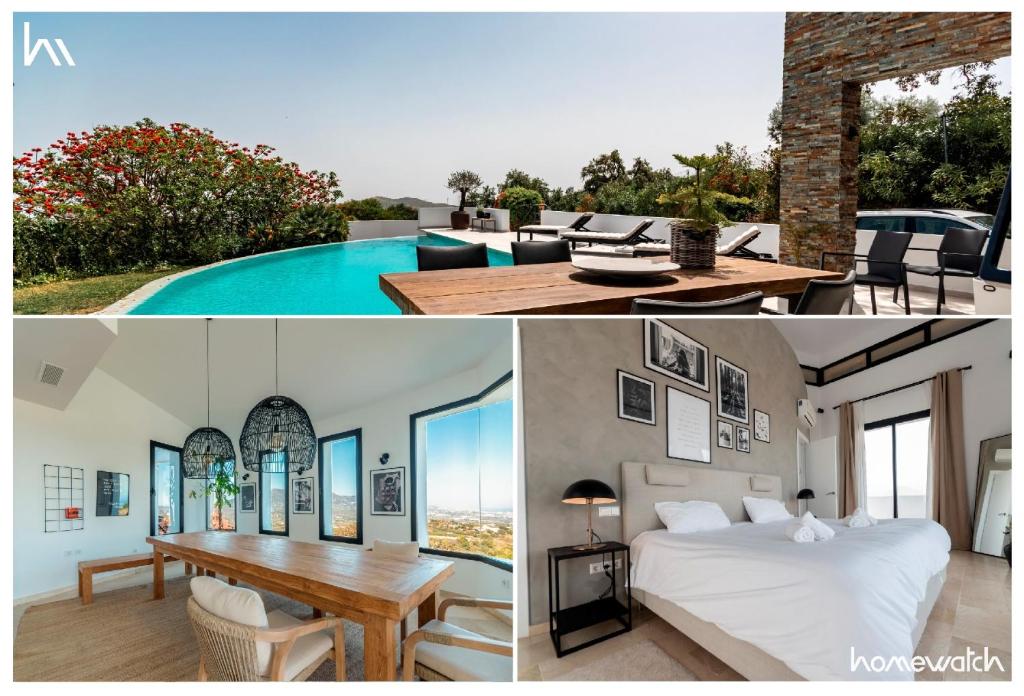 Spectacular villa, with infinity pool and sea views, la Mairena, Elviria, Marbella في أُوخين: غرفة نوم وفيلا فيها مسبح
