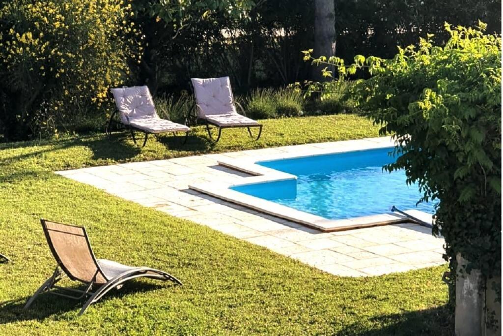 twee stoelen en een zwembad in de tuin bij Le Provencou in Tulette