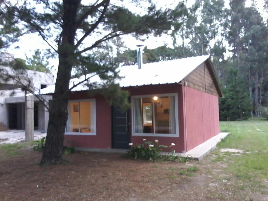 una pequeña casa roja con un árbol en un patio en La Rosadita en Necochea