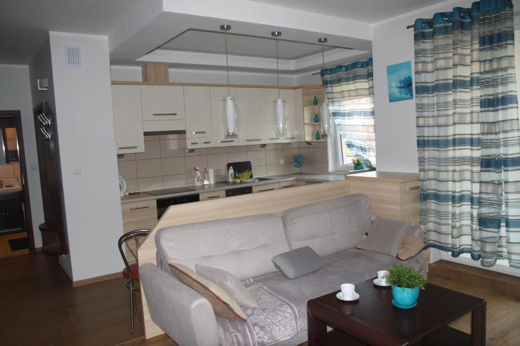 a living room with a couch and a kitchen at Apartament przy Bulwarze in Ostróda