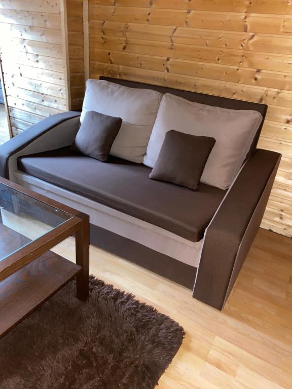 um sofá com duas almofadas num quarto em Chata u certovych hlav 3 em Želízy