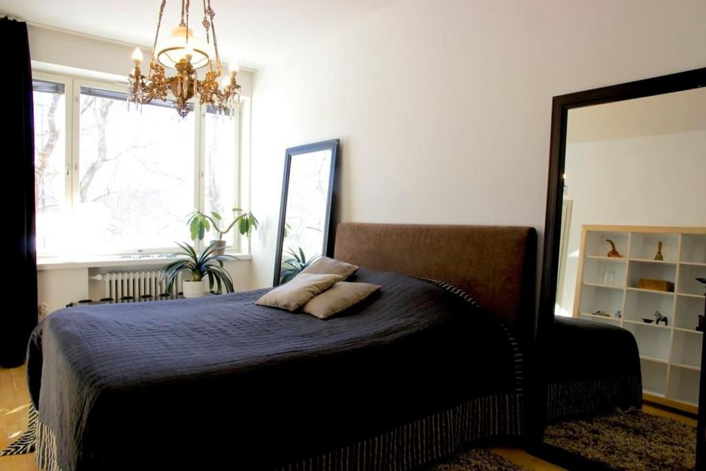 a bedroom with a bed with two pillows and a mirror at Kaunis ydinkeskustan huoneisto in Tampere