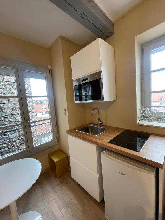 eine Küche mit Spüle und Mikrowelle in der Unterkunft Petit Studio Centre-Ville n°14 in Besançon