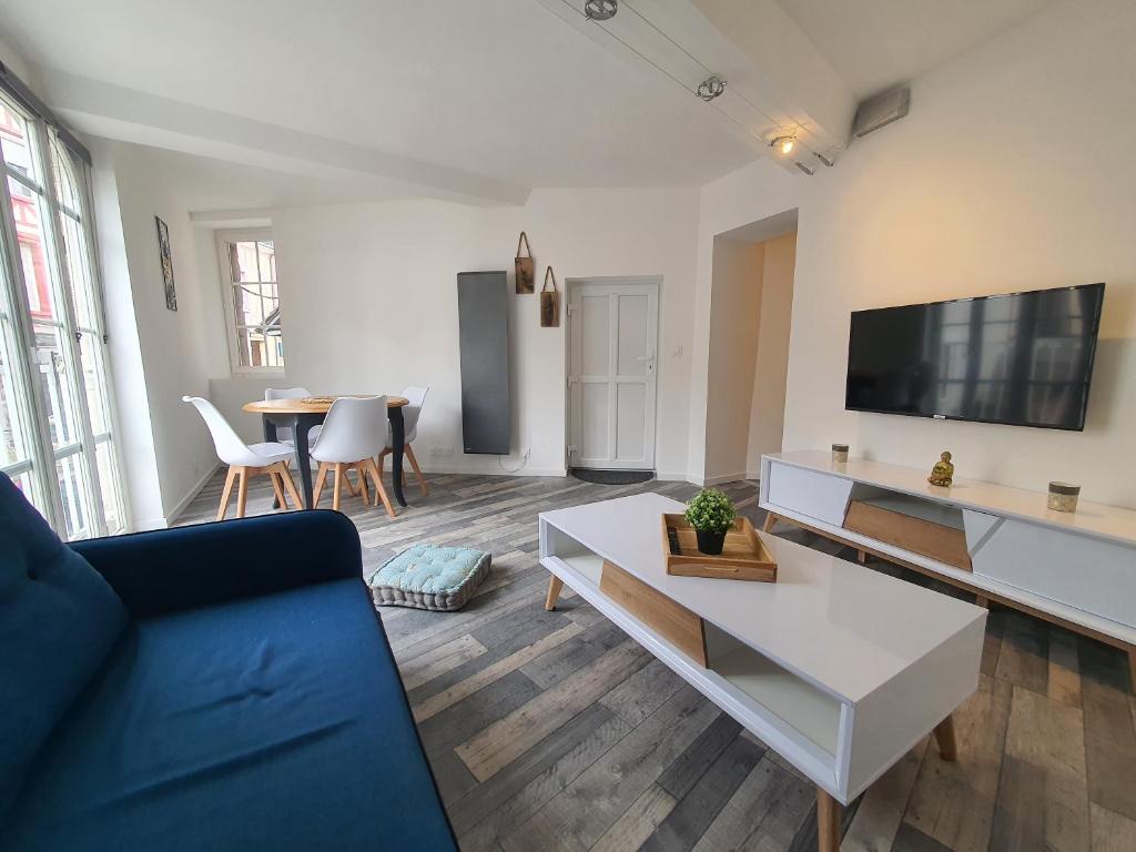 sala de estar con sofá y TV en Appartement meublé, bord de seine, en Duclair