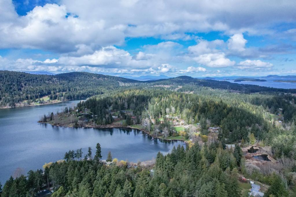 an aerial view of a lake in the woods at Salt Spring Carriage House B&B in Ganges