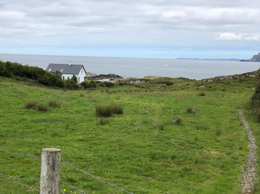 a fence in a field with a house and the ocean at An teach Illanmore in Portsalon
