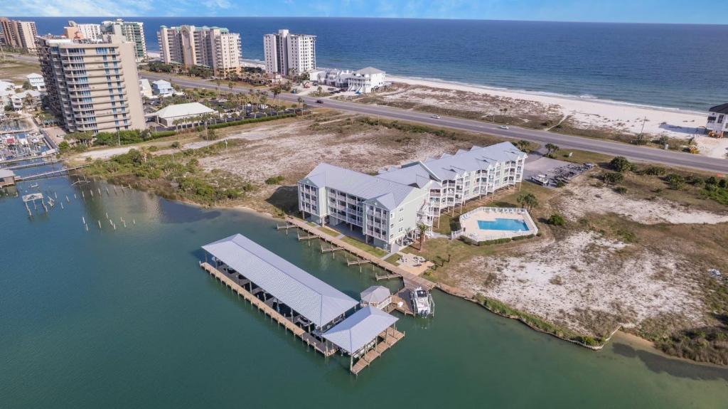 an aerial view of a resort on the ocean at Jubilee Landing 110 by Vacation Homes Collection in Orange Beach