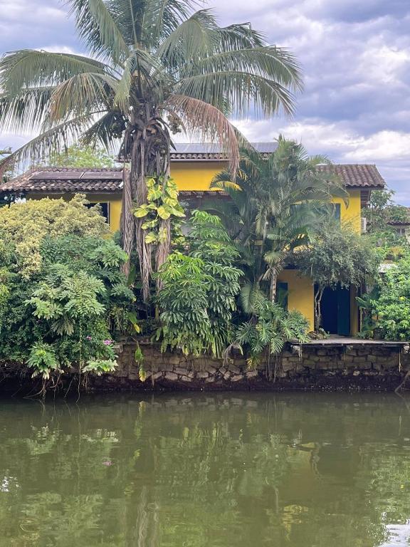 a house with a palm tree next to a body of water at CASA FLOR DO RIO in Paraty