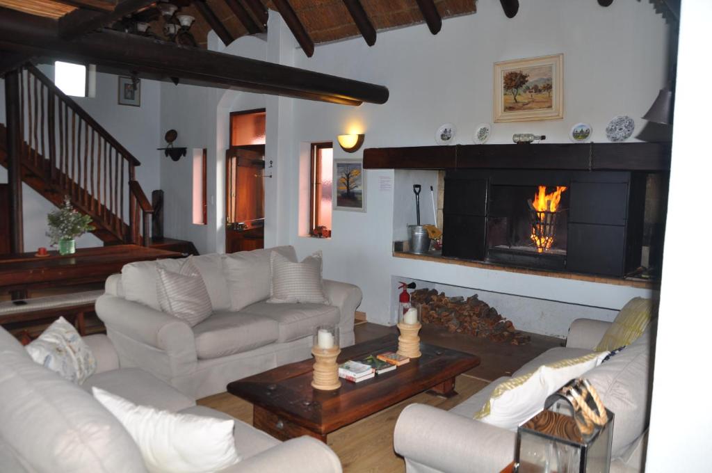 a living room with a couch and a fireplace at Ocean View Cottage, Springerbaai in Boggomsbaai