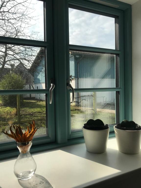 une fenêtre avec deux vases assis sur un rebord de fenêtre dans l'établissement Tiny Guesthouse, à Nakskov