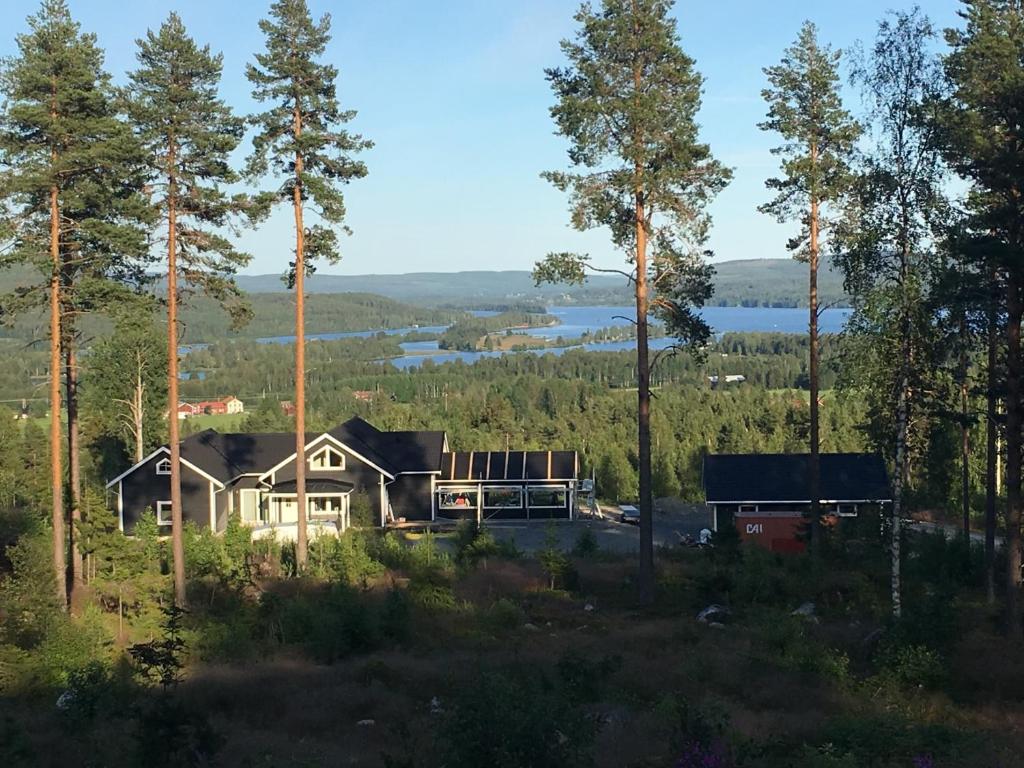 a house in the woods with a view of a lake at Vackert fjällhus med underbar utsikt in Järvsö