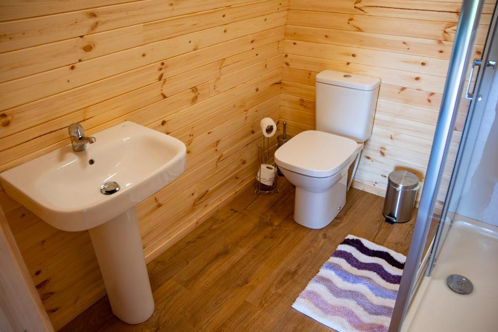 uma casa de banho com um lavatório branco e um WC. em Glamping Pod 2 Magical Craigengillan Estate em Dalmellington