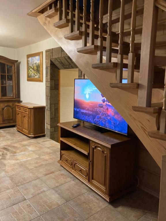 a living room with a flat screen tv on a wooden entertainment center at JEDYNOCKA in Kościelisko