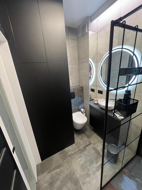 łazienka z toaletą i umywalką w obiekcie Black Horse 24h zameldowanie w mieście Gdynia