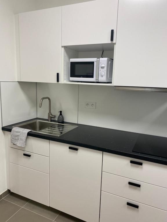 a white kitchen with a sink and a microwave at Ubytování Šantovka in Olomouc