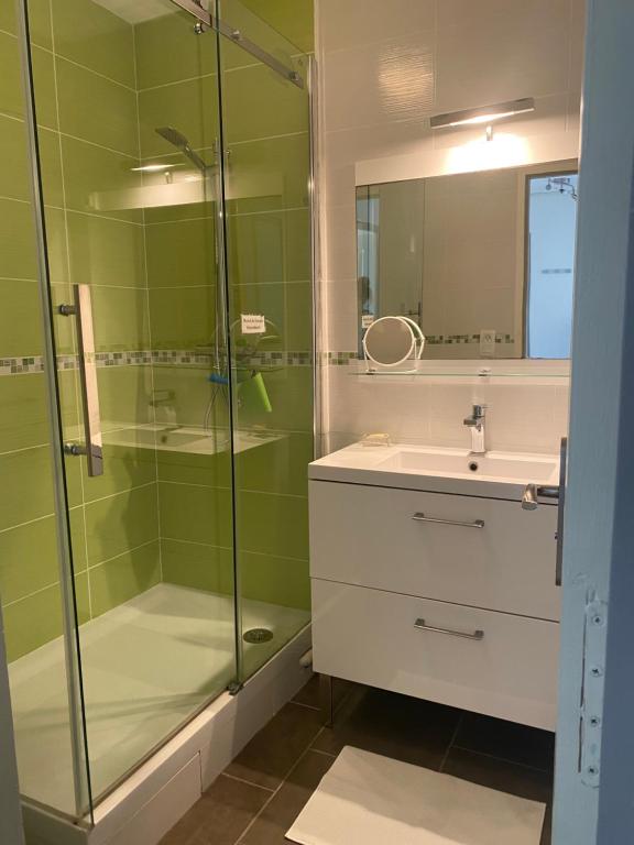 un bagno con doccia in vetro e lavandino di Superbe Appartement Superbe Vue Océan a Biscarrosse