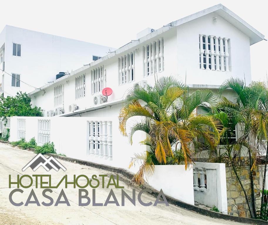 a white building with palm trees in front of it at Hotel/Hostal Casa Blanca in Aquismón