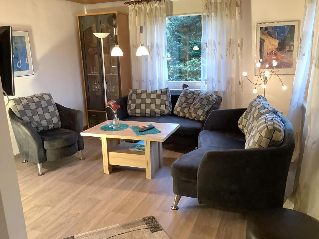 Sala de estar con 2 sofás y mesa en NEU! Ferienhaus Zur Oste en Hechthausen