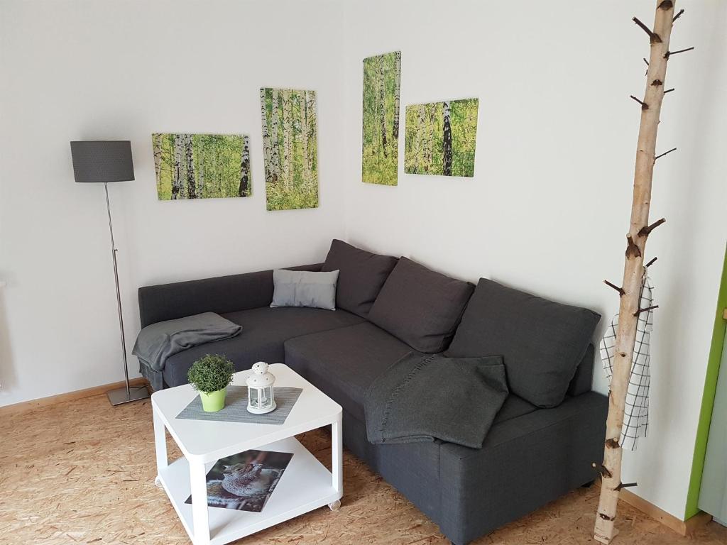 a living room with a gray couch and a table at NEU Apartment am Birkenfeld Allgäu Kaufbeuren in Steinholz