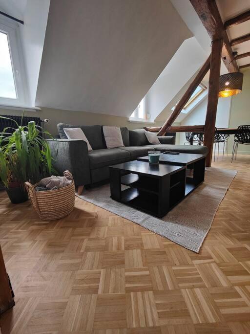 - un salon avec un canapé et une table basse dans l'établissement Appartement Le Baroque en duplex, à Mulhouse
