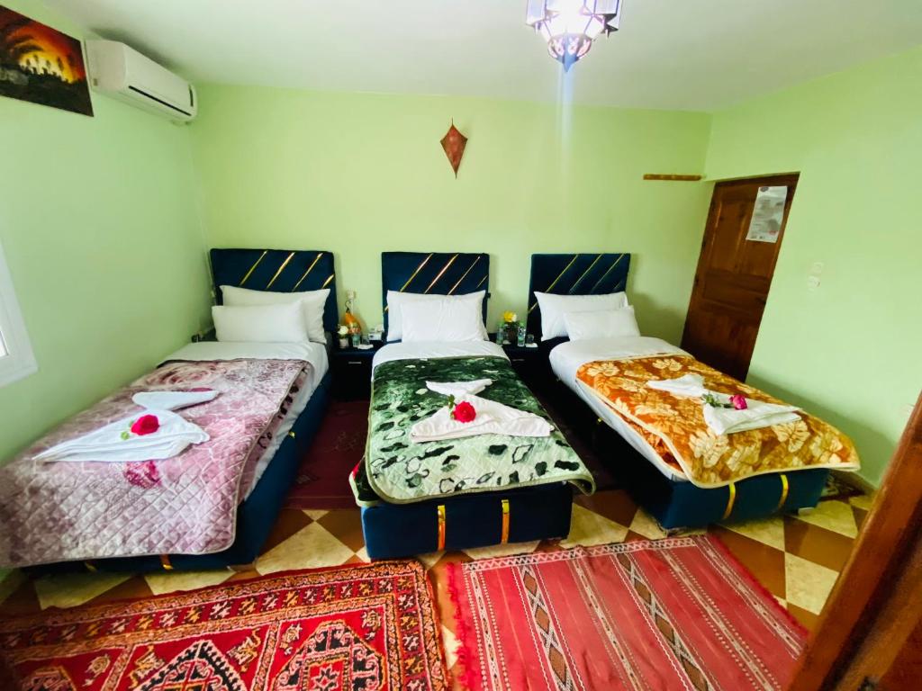 two beds in a room with rugs at Motel Ain Mersa in Ifrane