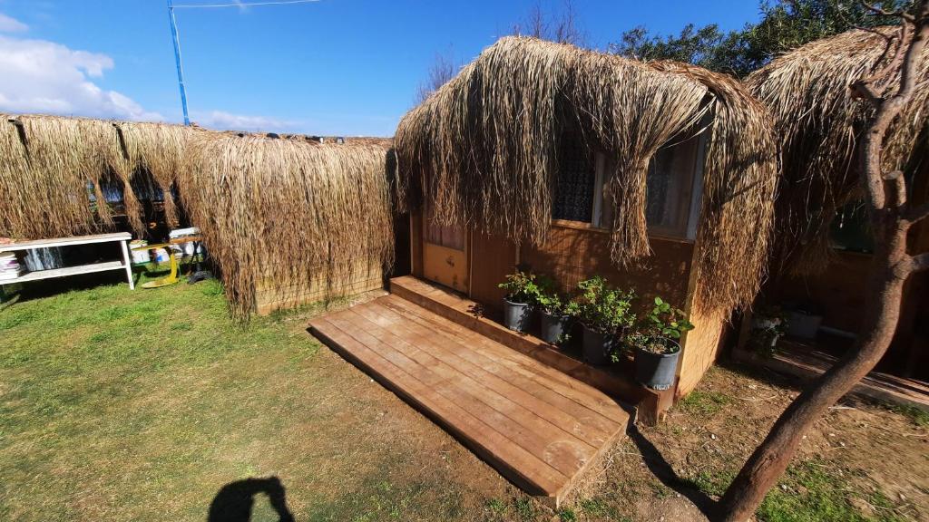 ein Haus mit einer Holzterrasse mit Topfpflanzen in der Unterkunft Özen Boyabağı in Kösedere