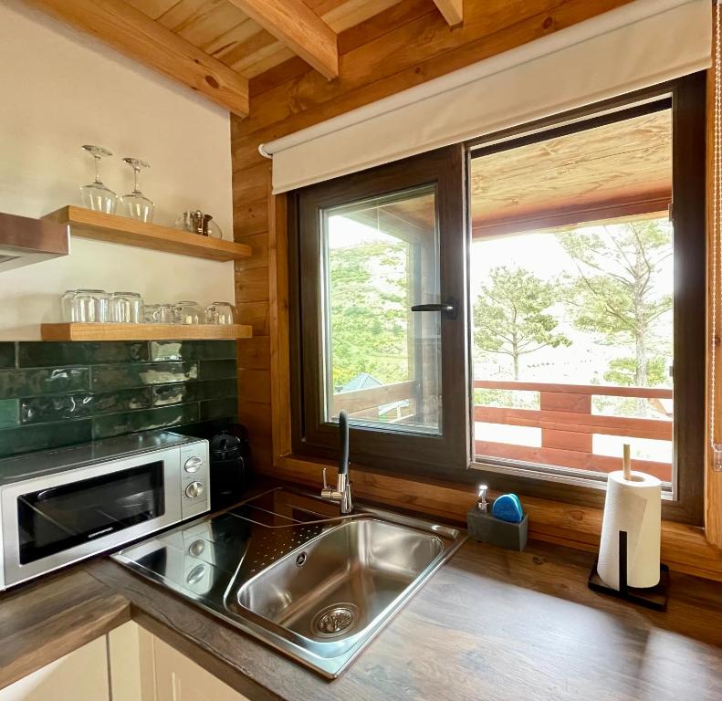 a kitchen with a sink and a microwave at Mountain Eco Shelter 3 in Corujeira de Dentro
