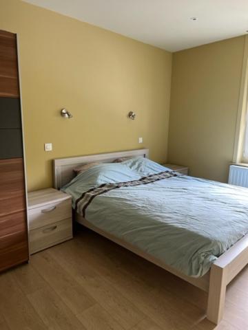 Schlafzimmer mit einem Bett und einem Spiegel in der Unterkunft wante 22 in Brügge