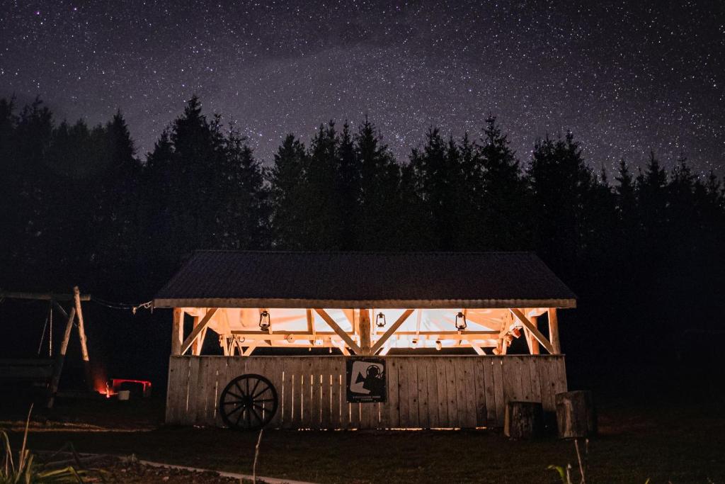 une cabane en bois avec un ciel étoilé la nuit dans l'établissement BIESZCZADZKA OSADA FILMOWA, 