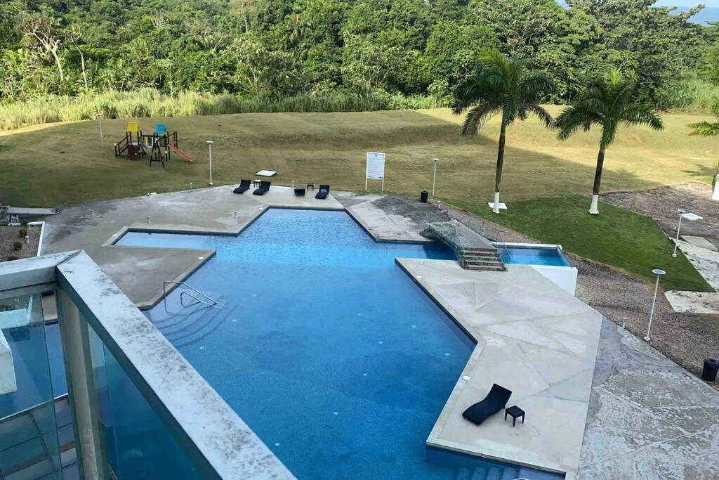 uma piscina com um cão sentado em cima dela em Bala Beach Paradise 1-bedroom Fully Equipped apt. em Colón