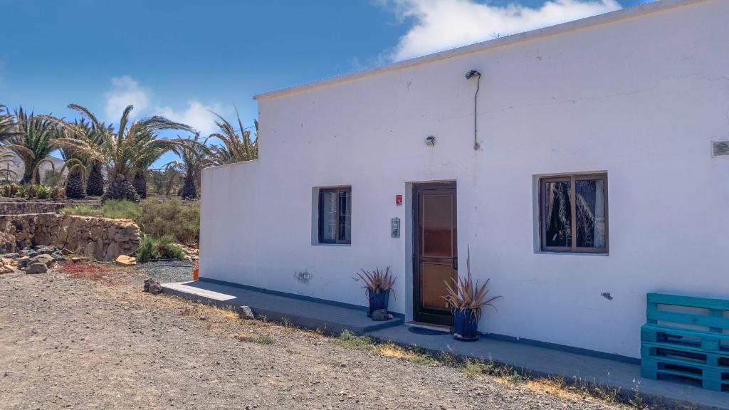 a white building with a door and two potted plants at La Finca de Los Padres in Tefía
